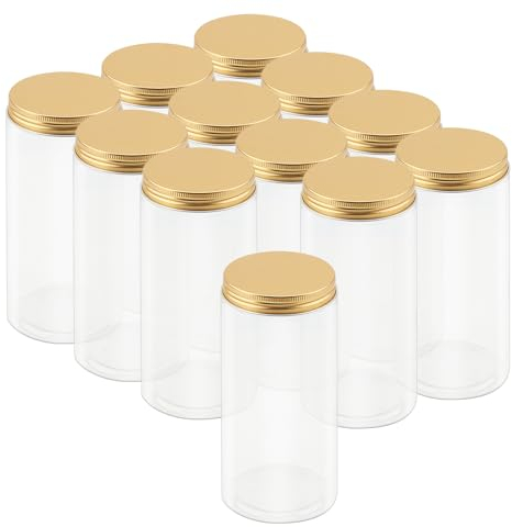 LEXININ 12 Pack 500ml Clear Plastic Jars with Gold Aluminum Lids, Wide Mouth Storage Jar, Empty Plastic Storage Containers for Food, Spices