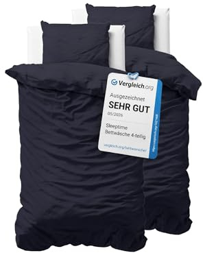 Sleeptime Bettwäsche 4-teilig 100% Baumwolle – atmungsaktiv & hautfreundlich – Oeko-TEX® geprüft, Reißverschluss, pflegeleicht – 2X Bettbezug 135x200 cm + 2X Kissenbezug 80x80 cm – Navy Blau
