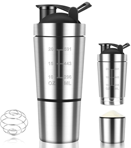 Golgner Batidor de proteínas de acero inoxidable, batidor de proteínas, batidor de proteínas Fitness de 600 ml, con báscula, para batidos de proteínas, dietéticos y fitness (plata)