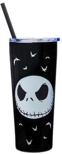 Silver Buffalo Disney Tim Burton's Nightmare Before Christmas Jack Skellington “Seriously Spooky” Double Walled Stainless Steel Tumbler With Straw, 22 Ounces