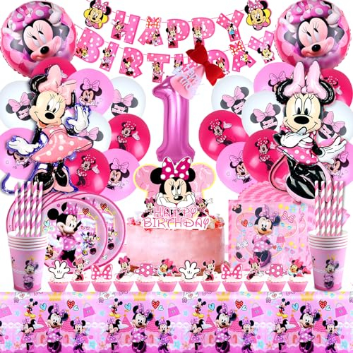 Kit Compleanno Minnie 104 Pezzi - Palloncini, Stoviglie, Decorazione Torta Topper, Tovaglia - Festa 1 Anno Bimba