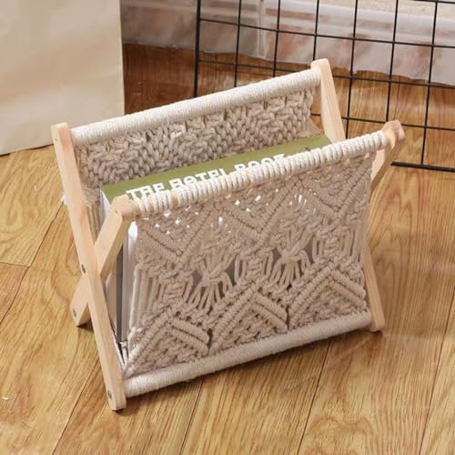 LIKEUDO Nordic Wind Zeitschriftenständer aus Baumwollseil, gewebtes Boho-Klappregal mit Massivholzgeflecht