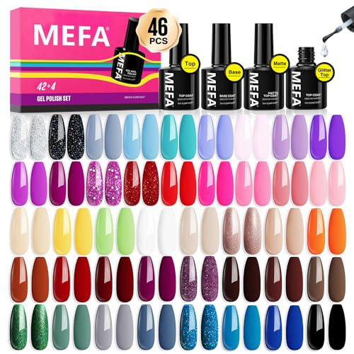 MEFA 46PCS Gel Nail Polish Kit, 42 Colors All Seasons Gel Polish Collection White Nude Pink Colorful Nail Polish Set with Gel Base Top Coat Manicure Art at Home Gifts for Women 7ML