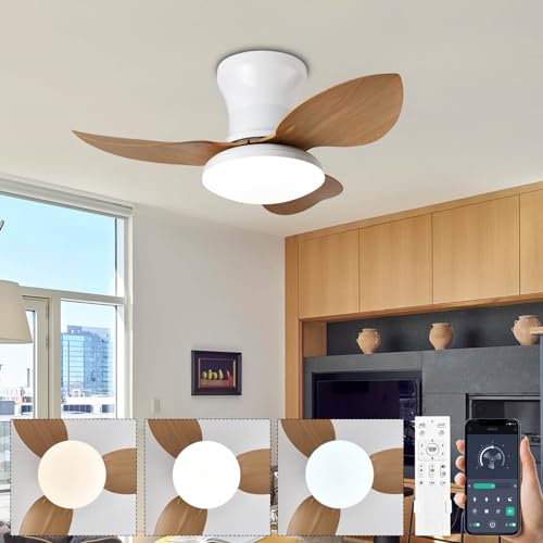 Ventilador De Techo Con Luz 3 Aspas ABS , Modernos Ventilador Lampara Techo Con Mando, Regulable, Reversibles Motor DC, Temporizador, Ventiladores De Techo Rusticos Para Dormitorio Salon-Woodgrain