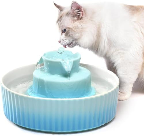 VinDox 360 Fontaine à Eau pour Chat en Ceramique, 2.1L Fontaine pour Chat Céramique Bol pour Chat et Chien avec Filtre de Rechange et Mousse Pompe Intelligente (Bleu)