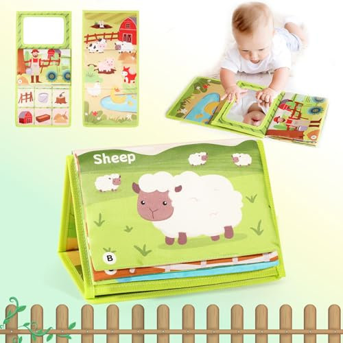 whatstem Tummy Time Spiegel Spielzeug für Baby mit weichen Crinkle Tuch Buch, Montessori-Spielzeug für Neugeborene/Kleinkind Entwicklung, Sensory Toy Geschenk 0-12 Monate
