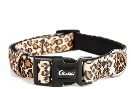 Olahibi Basic Hundehalsband, Polyester-Gurtband, gepolstert mit weichem Neopren, Leopardenmuster, für mittelgroße Hunde (M, Brauner Leopard)