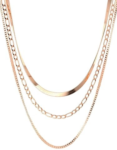 THIORA Mehrreihige Kette Rosegold Layers of Maui | 42cm + 6cm Länge | Halskette Damen | Schlangenkette Figaro Venezianerkette | Hochwertiger Edelstahl | Boho Necklace (Rosegold)