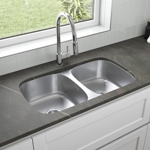 Lussena® 785 x 450mm Stainless Steel Kitchen Sink 2.0 Double Bowl Sinks Undermount Installation, Free Basket Strainer Waste