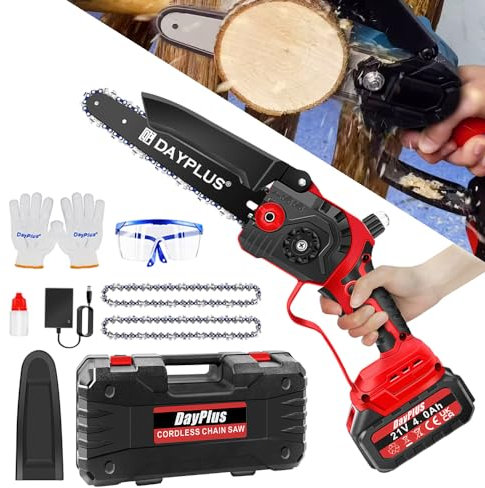 Cordless Chainsaw 8 inch Electric Chain Saw with Battery and Charger, 2 Chains, Brushless Motor, Automatic Oiler, Portable Handheld Pruning Saw for Tree, Branch and Wood Cutting