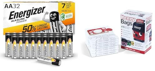 Energizer AA Batteries, Alkaline Power, 32 Pack, Double A Battery Pack - Amazon Exclusive (Packaging may vary) & Henry NVM-1CH/907075 HepaFlo Vacuum Bags, White, 10 Count (Pack of 1)