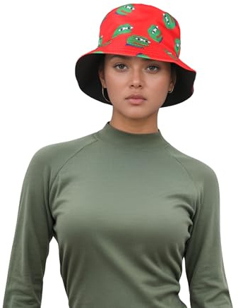 Amanda Jacobs Reversibler Pepe Frosch Fischerhut | Unisex Sommer Strand Sonnenhut | Faltbarer Fischerhut für Reisen, Wandern, Einkaufen, Crypto Hut, Roby Red, Einheitsgr��e