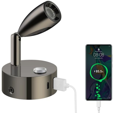 ERWEY LED Leselampe 12V Wohnmobil Touch Dimmbar 3 Farbtemperatur Modi, Wandlampe mit Ladefunktion USB A+C-Anschlüssen, DC 12V-24V Spot für Boot Auto Camper Van Yacht Wohnwagen, Glanz Schwarz