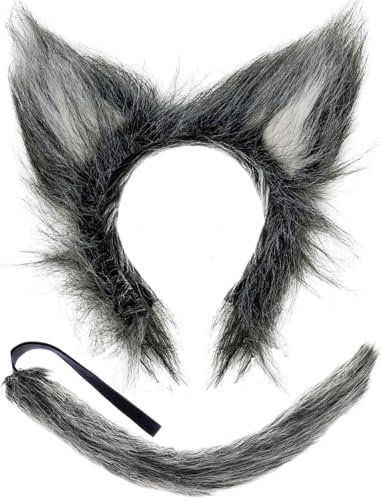 Hatstar Wolf Set | Wolfs Ohren Haarreif + Schwanz | Werwolf Kopfschmuck für Damen, Herren & Kinder | Kostüm Haarschmuck Deko Accessoire zu Halloween, Karneval & Fasching