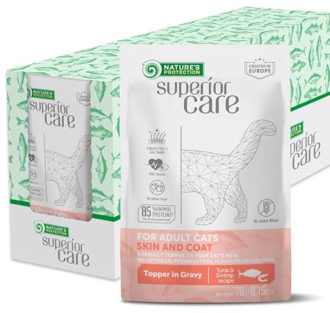 NATURE'S PROTECTION Katzen-Nassfutter Superior Care getreidefrei, mit Taurin & viel Protein für Gesunde Haut, Fell & Immunsystem, Großpackung Nassfutter Katzen-Futter, Thunfisch & Garnelen (24x70g)