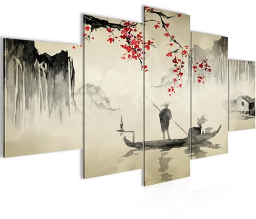 Runa Art Wandbilder Japan 5 Teilig Bild auf Vlies Leinwand Deko Wohnzimmer Schlafzimmer Japanische Motive Braun Rot 050752a