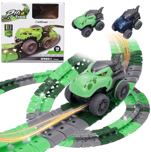 Siairo 138 pièces Circuit Voiture Enfant, Rail Voiture Jouets，Dinosaure Circuit de Course Automobile, Ensemble de Jeu pour Enfants