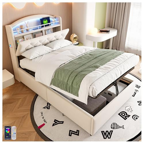 Seyakany lit Enfant 90x200, avec lumière LED Variable et Port USB de Chargement, avec tête de Rangement, avec Plaque métallique, lit Coffre, Velours, Beige