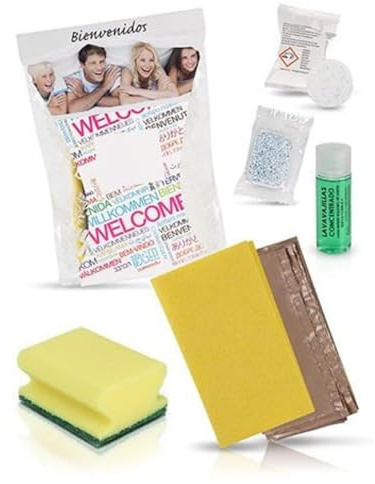 Kit Limpieza Cocina para Alojamientos Turísticos – 50 Unidades con Bayeta Amarilla, Esponja Salvauñas, Lavavajillas 30ml, Pastilla Lavavajillas, Pastilla Lavadora y Bolsa de Basura – Hecho en España