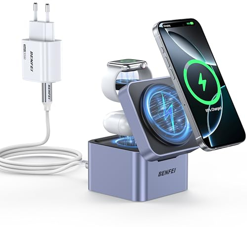 BENFEI 3-en-1 Soporte de Cargador Plegable, Estación de Carga inalámbrica para iPhone Serie 16/15/14/13/12, Apple Watch y AirPods | Diseño de Cubo Compacto | Incluye Adaptador de Corriente 33W
