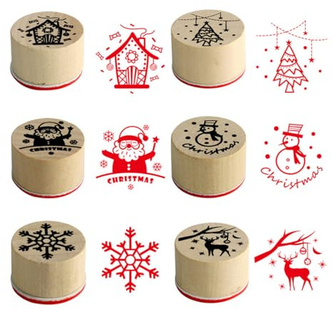 WeddHuis 6 Christmas Patterns Wooden Stamp Set for Christmas Cards, Textile Stamps, Children's Drawings, Merry Christmas Stamp