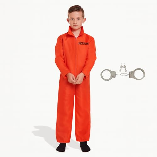 Lizzy Orange Prisoner Jumpsuit + Handcuffs | Kids Convict Costume | Boys & Girls Prison Inmate Boiler Suit Overall | Children’s Fancy Dress Halloween Outfit & Roleplay Accessory (Large 10-12)