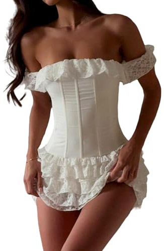 FeMereina Women Corset Lace Mini Dress Off The Shoulder Bustier Short Dresses Layered Ruffle Lace Hem Party Club Dress