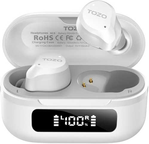TOZO NC9 Hybrid Active Noise Cancelling Earbuds, 45dB ANC Wireless Earbuds, 6-Mic ENC for Clear Calls, Deep Bass, 59H Playtime, IPX8 Waterproof, Bluetooth 5.3 Ear Buds with App for Custom EQ (White)