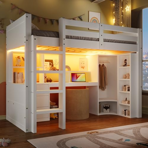 QSOST Lit Mezzanine 90x200 cm, Lit Superposé Enfant et Adulte avec Bureau, Lumières LED, Armoire, Échelle, 4 Tiroirs et Rangements, Blanc et Bois lit Mezzanine (90x200 cm)