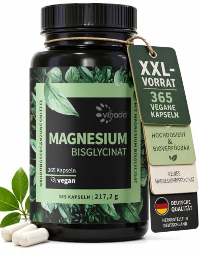 Vihado Magnesium Bisglycinat 365 XXL-Vorrat - Muskel- und Nervenfunktion, 200 mg elementares Magnesium pro Tagesdosis, hochdosiert, 365 vegane Kapseln