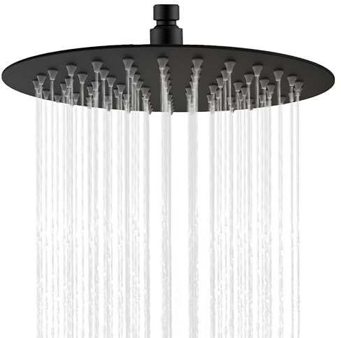 Simple Bathroom Rain Shower Head, 20 cm Round Shower Head High Pressure Black 304 Stainless Steel, Universal 1/2 Inch Thread, 360° Rotating, Easy to Install