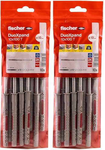 fischer DuoXpand 10 x 100 T, tasselli universali di alta qualità con vite a testa svasata zincata (10 pz.), tasselli per una presa forte, ideali per materiali da costruzione porosi e ancoraggi vicini