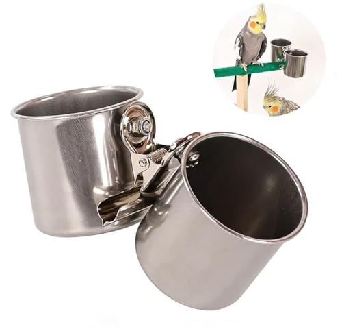 Birds Parrot Feeding Double Cups - Parrot Food Dish Stainless Steel Parrot Feeders Water Cage Bowls with Clamp Holder for Parakeet African Greys Conure Cockatiels Budgies Chinchilla