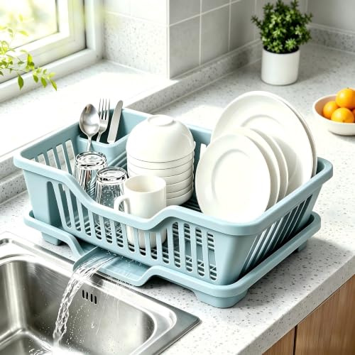 NikBerry Dish Drainer Drying Rack with Removable Drip Tray, Plastic Dish Drainer Rack with Draining Board, Space-saving Cutlery Holder for Kitchen Counter, Drying Rack Kitchen for Cups Utensils-Blue