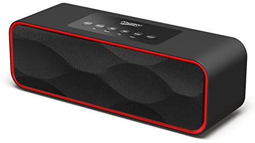 Portable Wireless Bluetooth Stereo Speaker with Powerful Sound 10W Acoustic Drivers Built-in Mic FM Radio Micro SD Card USB AUX-in Slot for Smartphone, PC, MP3 and More DY22-Black/Red