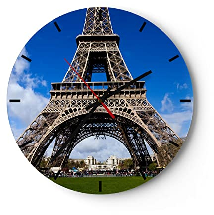 Modern Wanduhr Turm Paris Eiffle 40x40cm Rund Groß Wand Uhr Glas Analog Zimmeruhren Küche Büro Wohnzimmer Glasuhr Wall Clock Dekoration Design Wanddekoration Küchenuhr C3AR40x40-0154