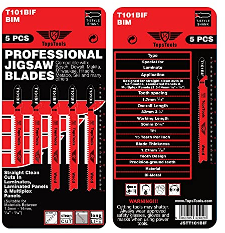 5 x TopsTools T101BIF lames de scie sauteuse pour découpe de stratifié compatibles avec Bosch Dewalt Makita Milwaukee et bien d'autres