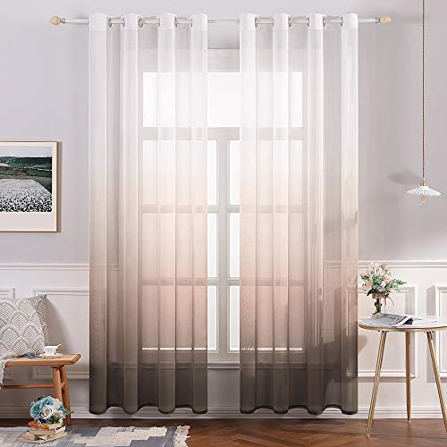MIULEE Gardinen Transparent Vorhänge Farbverlauf Voile Sheer 2er Set Vorhang mit Ösen Dekoschal Fensterschal für Schlafzimmer und Wohnzimmer 215 cm x 140 cm(H x B) Weiß Kaffeefarbe