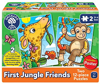 Orchard Toys First Jungle Friends Jigsaw Puzzle, 12-Piece Jigsaws, Two Puzzles in a Box, Perfect For Kids Ages 2+, Develops Hand-Eye Coordination