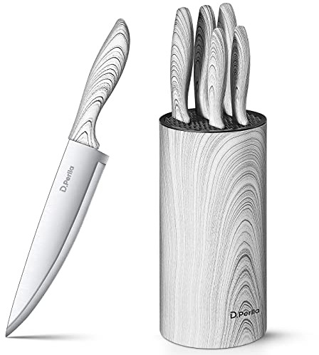D.Perlla Knife Set, 6 PCS Kitchen Knife Set with Detachable Round Upright Knife Cylinder, Knives Set with Marble Pattern Handles Design, Modern & Stylish, for Easy Cleaning and Drying