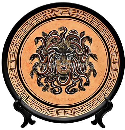 Medusa Mostro Femminile Testa Serpenti Piatto Antico Greco Ceramica Decorazione Pittura