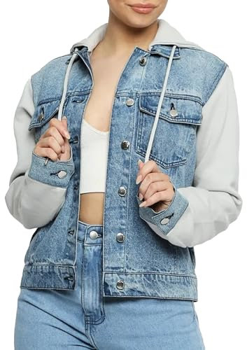 JMOJO Hooded Denim Jackets Women - 100% Cotton Regular Fit Ladies Denim Jackets with Drawstring & Buttoned Chest Pockets - Perfect For Casual Outings Shopping Hiking Camping