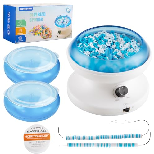 Hobbyworker Elektrisches Tonperlen-Spinner-Set mit 3 Perlenablagen, 2 Perlen-Spinner-Nadeln, 1000 Tonperlen und 1300 Rocailles, 8 m elastische Schnur für Armbänder, Halsketten, Schmuckherstellung