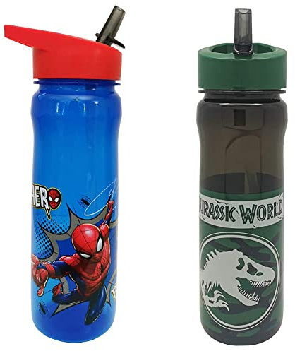 MARVEL 1325 1698 Spider-Man Hero Reusable Water Bottle, Blue and red, 600ml & Jurassic World Water Bottle with Straw for Kids-Official Merchandise by Polar Gear, Green, 600ml
