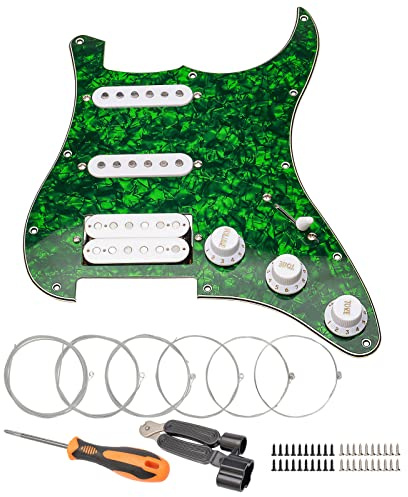 Unxuey SSH Vorverdrahtetes Schlagbrett-Set, 11 Loch belasteter Gitarren-Schlagbrett, Humbucker-Tonabnehmer mit Saiten und Reparaturwerkzeug, für Fender Stratocaster E-Gitarre