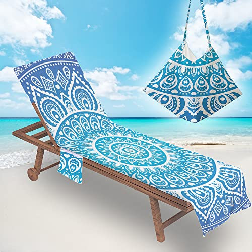 Surwin Schonbezug Für Gartenliege Mandalas Strandliegenauflage Frottee Liegenauflage Stuhl Strandtuch Sun Lounger Bezug mit Tasche Sporthandtuch für Strand Schwimmen (Farbverlauf Blau,75x210cm)
