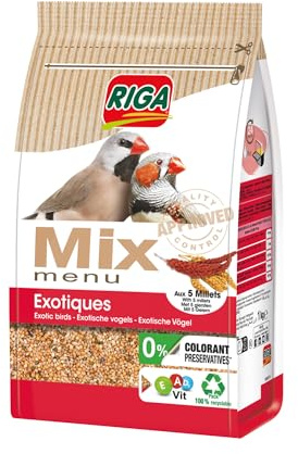 Riga - Menu Mix Exotiques - Mix Vitaminé - Nourriture pour Oiseaux - Graines Rondes - Vitamines Et Minéraux - Enrichi en Prébiotiques - sans Colorant, Ni Conservateurs - Sain Et Équilibré - 1 kg