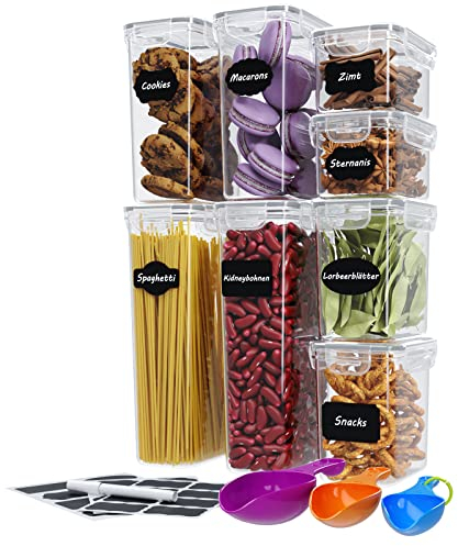WELLGRO Vorratsdosen Set mit Etiketten, Kreidestift und Messlöffeln Frischhaltedosen mit Deckel BPA-frei luftdicht auslaufsicher spülmaschinengeeignet, Stückzahl:8-tlg.