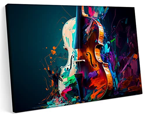 PRINTONIA Bilder Leinwandbild 120x80cm Cello Streicher Musik Ton Konzert Abstrakt Farben Kunst Kunst Neon Graffiti
