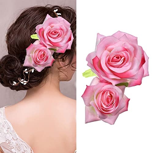 Rose Flower Clips,Flower Hairpin 2 in 1 Flower Brooch, Hair Barrette Accessories for Women Girls Bridal Wedding Party (Pink)